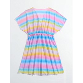 Milumia Girl's Tie Dye Coverups Wrap V Neck Sheer Cover Up Beachwear Striped Blue Pink 11Y