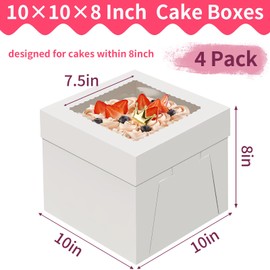 WINKIO 10x10x8 inch Cake Boxes, 4 Pack with Window, White Disposable Bakery Boxes for Cakes, Cookies, Pies, Cupcakes, Pastries