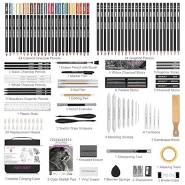 HIFORNY Juego de lápices de dibujo de 126 piezas, juego de lápices de boceto, suministros de arte con libro de bocetos de 3 colores, grafito, carbón, 