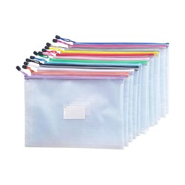 AUSTARK 12Pcs Zippered File Bags, Plastic Mesh Zipper Pouch with Label Pocket, Waterproof Documents Receipts Pencil Storage Bags for Office School Home Travel (B4 Size 15x11in)