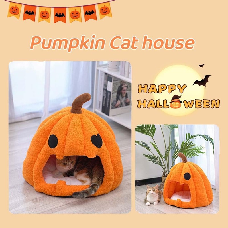 Cute Pumpkin Cat Bed for Indoor Cats, Halloween Pumpkin Cat