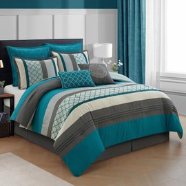 LANCO MODERN LIFESTYLE California King Comforter Set, Grey Teal Bedding Set, Jacquard Woven with Geometry, 8 Pieces Bed in a Bag, Bed Skirt, Shams and Decorative Pillows