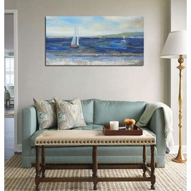 Ardemy Canvas Wall Art Blue Abstract Seascape Painting Large Size One Panel Picture Prints, Modern Landscape Sail Boat in Ocean Artwork Framed for Living Room Bedroom Home Office Decor 40"x20"