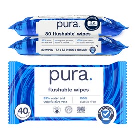Pura Flushable Wipes 2 x 40 Toilet Wipes (80 Wipes), 100% Plastic Free Moist Toilet Tissue, 99% Water, Totally Chlorine Free & Fragrance Free, Sensitive Skin, Twin Pack, Adult Wet Wipes