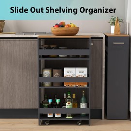 POWERSTONE 4-Tier Slim Storage Cart, Narrow Kitchen Rolling Cart w/Handle & Open Shelves, Skinny Slide Out Utility Organizer Trolley for Kitchen Bathroom Laundry Small Spaces Grey & Natural