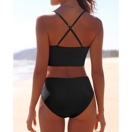 Tempt Me Women Black Two Piece Swimsuits High Waisted Bikini Set Push Up Full Coverage Bottoms Bathing Suit S