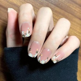 Nude Pink Press on Nails Short Square Fake Nails Cute Flowers Pattern Design Press on Artificial Full Cover Glossy Acrylic False Nails Stick on Nails Wearable Nails for Nail Decoration Kit 24Pcs