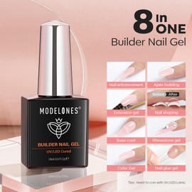 Modelones Builder Gel, 8-in-1 Barely Pink Gel Builder for Nails, Hard Gel Nail Strengthener Color Base Gel Extension Gel Nail Builder Gel in a Bottle 15 ML for Women