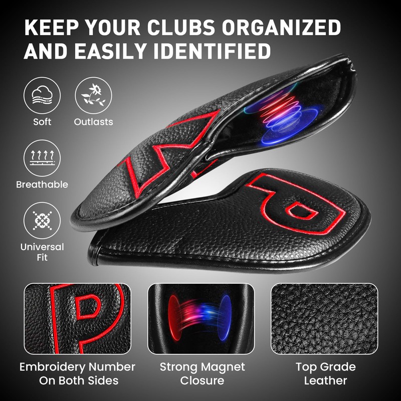 Golf Iron Headcovers 10 Pack Set Synthetic Leather with Magnetic