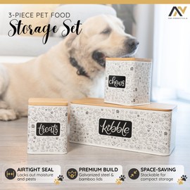A&N Essentials 3-Piece Pet Food Storage Container Set – Airtight Galvanized Steel with Bamboo Lids for Dog & Cat Kibble, Treats & Chews