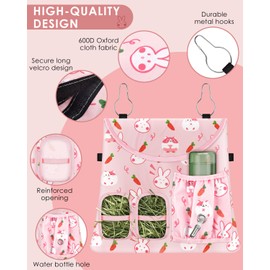 Bissap Rabbit Hay Feeder Bag, 2 Holes Hanging Hay Feeder Guinea Pig Hay Bag with Side Pocket for Rabbits Bunny Chinchillas Hamsters Rats and Other Small Pets Small Animal - S (Pink) ﻿