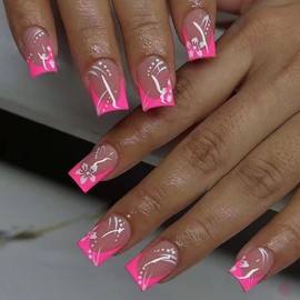 MERVF Square Press on Nails Medium Fake Nails Hot Pink French Tip Glue ons Flower Design Squoval Acrylic Nail Supplies Art DIY Summer Manicure 24pcs Glossy