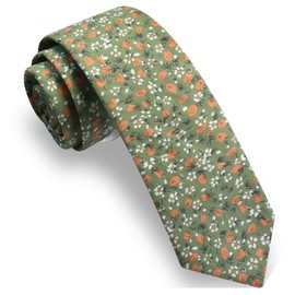 GUSLESON Mens Cotton Olive Ties for Wedding Orange Slim Floral Tie Skinny Necktie for Groomsmen (0943-27)