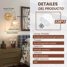 JERANDO Vintage Battery Operated Wall Sconce, Rechargeable Wireless Wall Sconces with Remote Control, Indoor Wall Light Amber Glass Lampshade with RGB Dimmable for Bedroom, Living Room, Set of Two