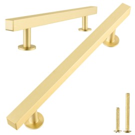 QOGRISUN 5-Pack Solid Brass Cabinet Handles, Gold Square T Bar Cabinet Pulls, 5 Inch Hole Center for Kitchen Dresser Drawer Cupboard, Brushed Brass Finish