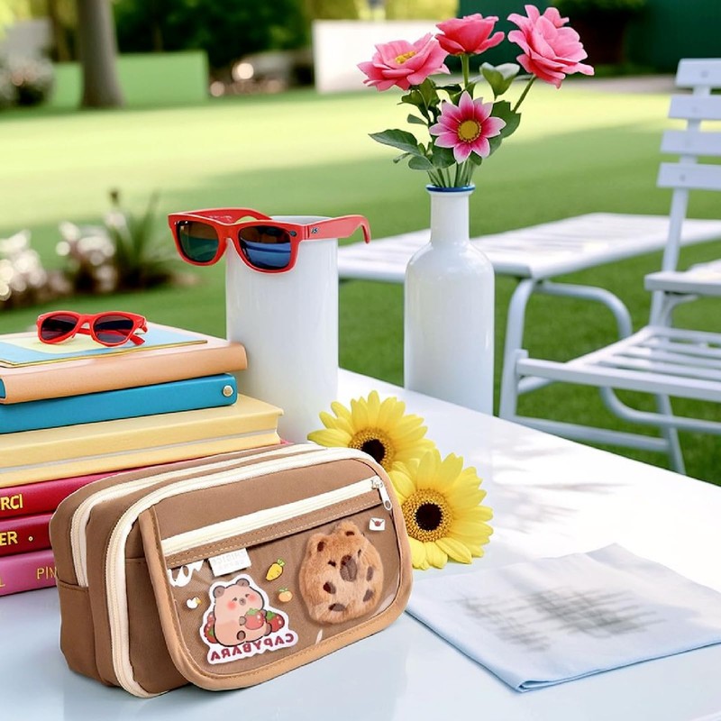 Capybara Large Capacity Pencil Case with Sticky Notes Stickers Pendants
