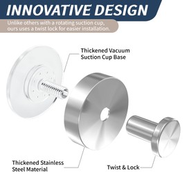 Ycxz Suction Cup Hooks - 12LB Heavy Duty Stainless Steel No-Drill Hooks for Shower Wall, Bathroom, Kitchen, Glass Door, Tile, Mirror (Silver, 2 Pack)