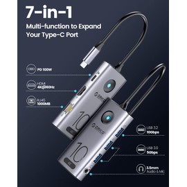 10Gbps USB C Hub,ORICO 7-in-1 USB-C Laptop Docking Station to 4K@60Hz HDMI, USB 3.2 10G,2×USB 3.0,100W PD,Gigabit Ethernet,Audio for Dell/Surface/HP/Lenovo Laptops