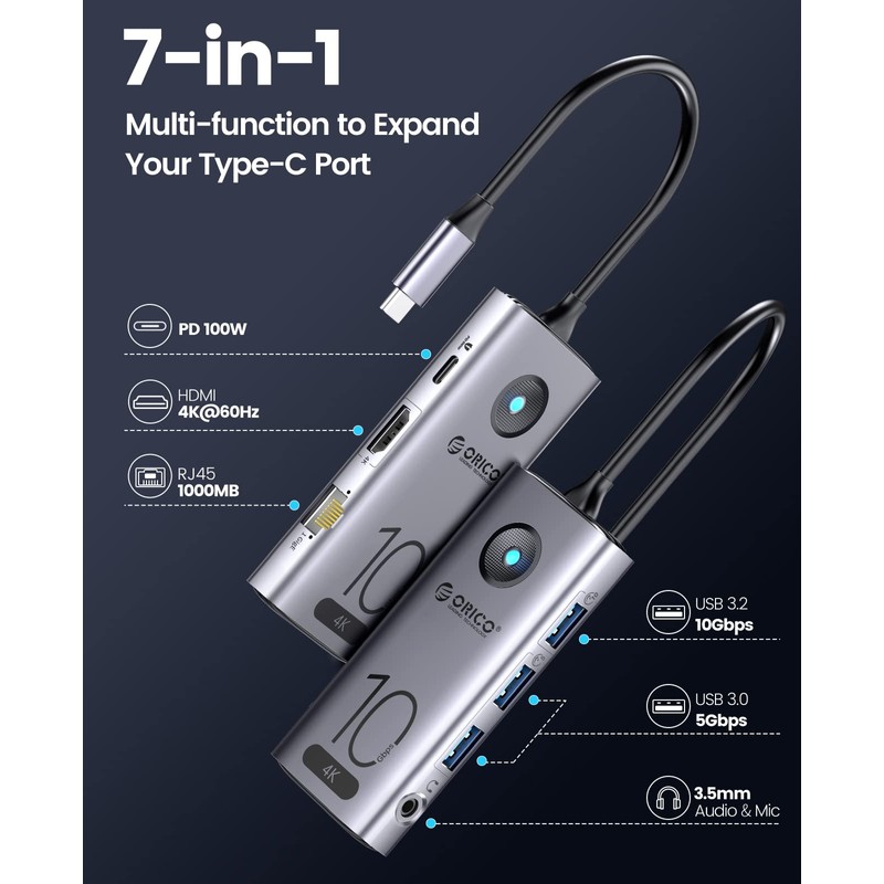 10Gbps USB C Hub,ORICO 7-in-1 USB-C Laptop Docking Station to