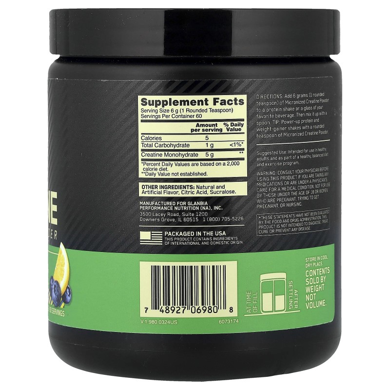 Micronized Creatine Powder, Blueberry Lemonade, 12.69 oz (360 g)