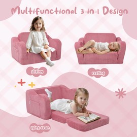 MeMoreCool Toddler Chair Comfy for 1-3 Years Old, Corduroy Kids Couch Bed Fold Out, 2-in-1 Foldable Baby Lounge Chair, Pull Out Children Sofa Bed, Pink