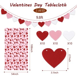 Valentines Day Tablecloth Plastic 54x108 Inch, 2Pack Disposable Pink Heart Tablecloth, Rectangle Valentine Table Cloth Table Cover for Valentine’s Day Wedding Decor Decoration with 2PCS Heart Garlands