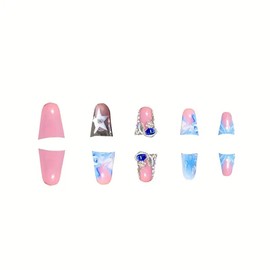 RUOKEXIN Duck Press on Nails Medium Length Fake Nails Blue French Tip False Nails with Charms Designs Duck Shaped Nail Press ons Sparkly Artificial Nails Cute Stick on Nails for Women 24Pcs