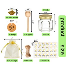 Adabocute 60 Pack Mini Honey Jars with Dipper - Elegant Honey Pot Set with Gold Lid, Bee Pendants, Jutes, Gift Bags and Stickers - Perfect for Baby Shower & Wedding Favors