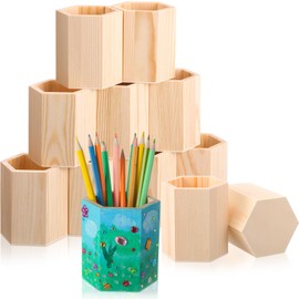 DoubleFill 12 Pack DIY Christmas Wooden Pencil Holder Craft for Desk, Desktop Pencil Holder Stand, Unfinished Wooden Pen Craft for Homemade DIY Supplies(Hexagonal)