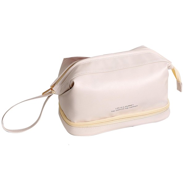 Portable Cosmetic Bag - Waterproof Leather Makeup Bag, Double Layer Large Mouth Cosmetic Bag, Easy to Carry and Place, Suitable for Daily Use or, White, Modern