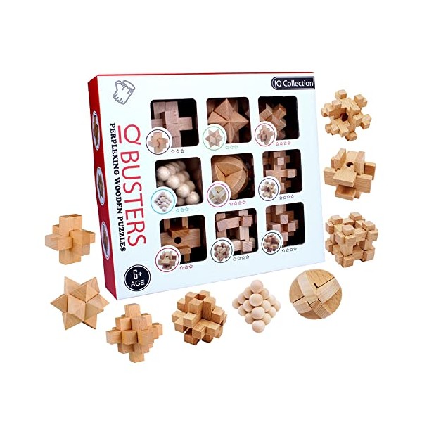 Ameego 9Pcs/set 3D Beech Wooden Puzzle – Children Brain Teaser