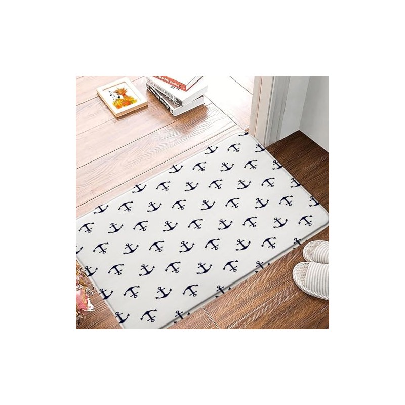 Nautical Anchor Bath Mat,Navy Blue White Anchor Ocean Bathroom Kitchen