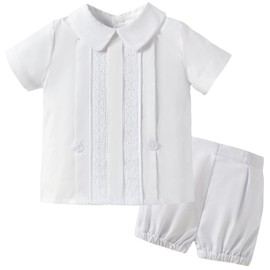 Booulfi 2T Boy Clothes Baptism Outfits For Boys Christening Clothing Cotton Collared Boys Formal Outfit White Baby Boy Shirts and Shorts 2 Pcs Sets