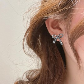 Rhinestone Bow Earrings for Women Chain Tassel Silver Gold Sparkly Earrings for Women Dangle Dainty Bow Stud Earrings, Small, Rhinestone Metal S925 Silver, Rhinestone