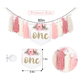 Banner floral con borla de una silla alta, decoración de fiesta de primer cumpleaños para niñas, pancarta de trona alta para primer cumpleaños, pancarta de princesa rosa con borla para niñas