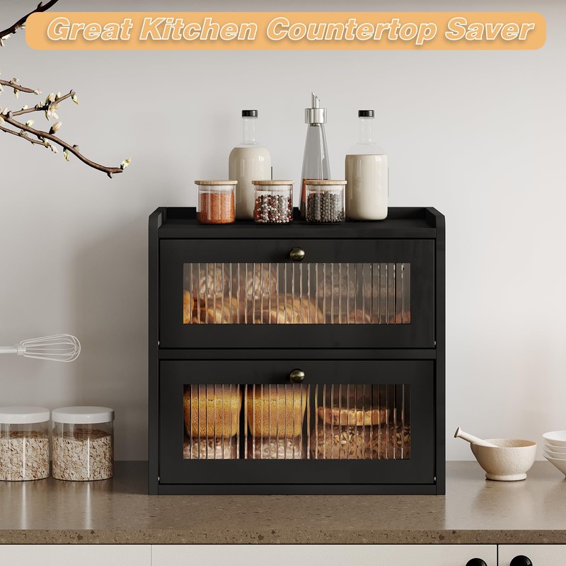 Alpeir Double Layer Large Bread Box for Kitchen Counter, Wooden