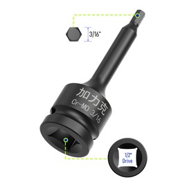 FOCMKEAS 1/2" Square Drive 3/16" Impact Hex Bit Socket, 78mm(3.07") Length, Hex Driver, Impact Grade, One-Piece Construction, 1/2" Drive Allen Bit Socket,SAE Cr-Mo Steel, Black