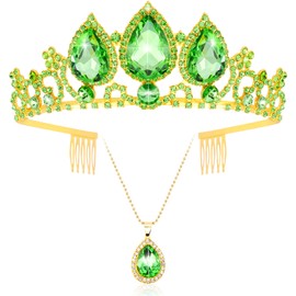 Aprince Princess Tiana Green Crown and Necklace Set for Women Girls, Princess Tiana Costume Accessories for Halloween Cosplay Gift Party Wedding Birthday Prom Pageant
