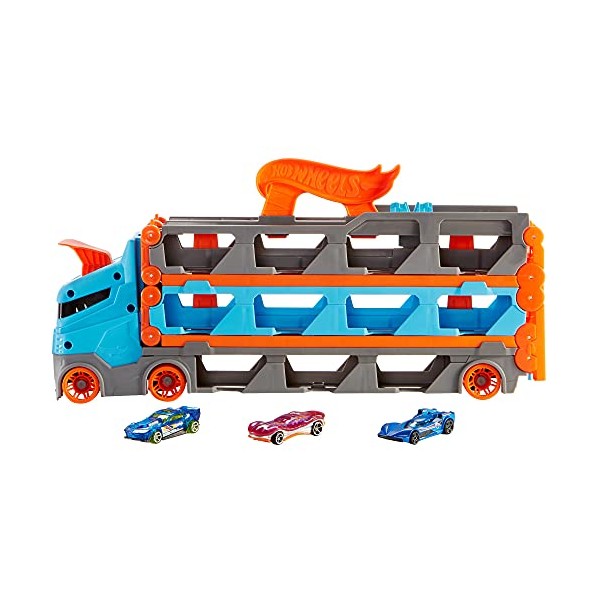 ​Hot Wheels Speedway Hauler Storage Carrier with 3 1:64 Scale Cars & Convertible 6-Foot Drag Race Track for Kids 4 to 8 Years Old, Stores 20+ Cars & Connects to Other Hot Wheels City Sets & Tracks