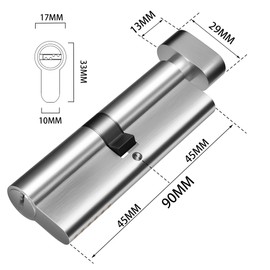 1 Pc of 90 mm (45T/45) Brass Core Mortise Door Lock Cylinder,Singe Side Entry with 3 Brass Keys, Thumbturn knob on The Other Side,Nickel Brushed Color(90-T-NB)