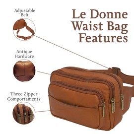 Le Donne Leather Waist Bag - Fashionable & Luxury 4-Compartment Bag - Adjustable Fanny Pack For Men & Women - Essentials For Running, Hiking & Everything Bag(Tan)