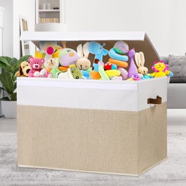 Large Toy Storage Box with Lid, Sturdy Toys Storage Chest Bin Organizer Basket with Dividers for Kids, Boys, Girls, Nursery, Closet, Bedroom, Playroom 26"x17" x17" (Beige and White)
