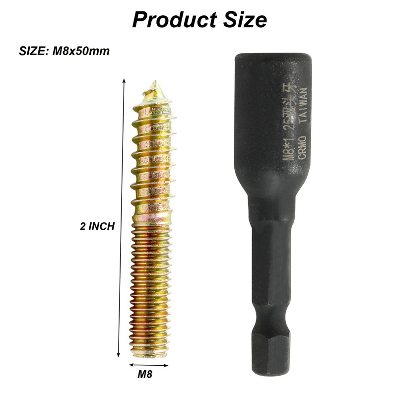 Hitefu 20PCS Hanger Bolts, M8 Double Ended Screws 2"(50mm) Length,