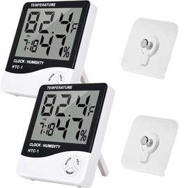 JYUDAUFU 2pcs HTC-1 Digital Thermometer Hygrometer Clock Alarm LCD Display Desktop Stand Wall Mount Temperature Humidity Monitor with sticky hook for Living Room, Warehouse,Office, Garden