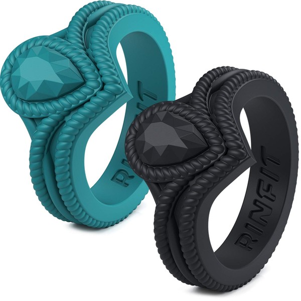 Rinfit Silicone Rings for Women - Silicone Ring Women - Womens Rubber Wedding Rings - Pear Silicone Wedding Bands Women - Patented Design - Ocean & Black Rings - Size 4