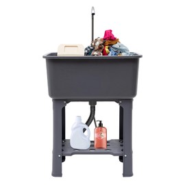 RocoReny Utility Sink Freestanding Plastic Laundry Tub with Washboard Storage Shelf 360°Faucet and Lavadero Set,Large Free Standing Wash Station Tubs and Drainage for Wash Room,Garage,Grey