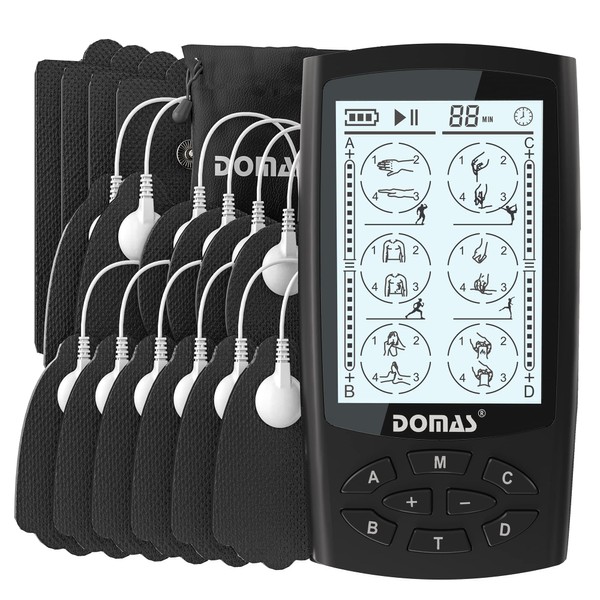 DOMAS TENS Unit Muscle Stimulator,4 Channels Electronic Pulse Massager 24 Modes TENS Machine for Natural Pain Relief &Management,OTC Approved TENS EMS Unit with 16 Pads