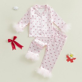 Kuriozud Toddler Kids Little Girls Valentines Day Satin Pajamas Bow Print Feather Trim Sleeve Button Down Sleepwear Pjs Set (a-bow-Pink, 8-9 Years)