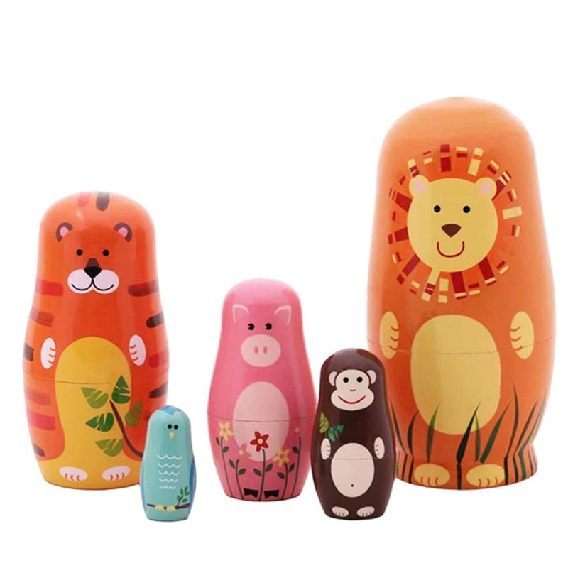 5PCS Animals Russian Dolls Cute Cartoon Animal Pattern Doll Gifts