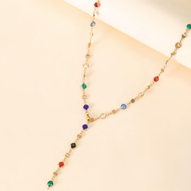 fasone Long Gold Necklaces For Women, Long Chain Necklace For Women, Gold Lariat Necklace, The Golden Chain Is Inlaid With Colorful Beads.